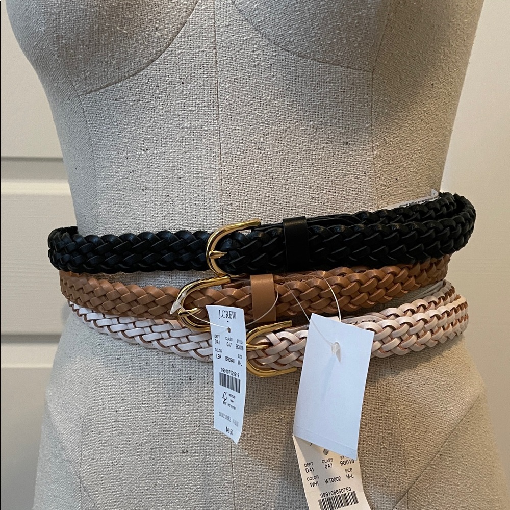 J. Crew Factory Slim Braided Leather Belts Sz M/L-Set of 3 in Black, White & Tan